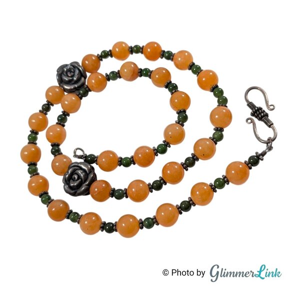 Vintage Sterling Silver Necklace Carnelian Quartz & Jade Beads 19" - Picture 1 of 14